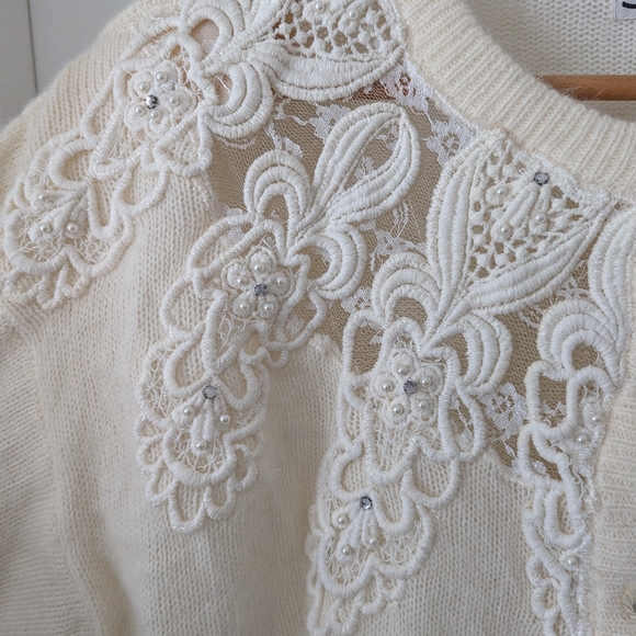 Vintage Ivory Angora Blend Cardigan Lace And Pearl Beading Size Large - Picture 9 of 11